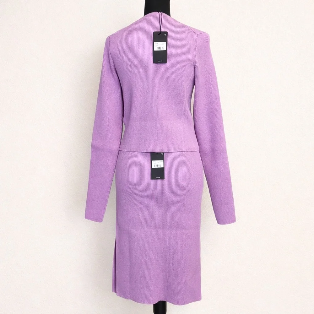 GSTQ Lilac Ribbed Knit Skirt Set Quiet Luxury NWT M/L